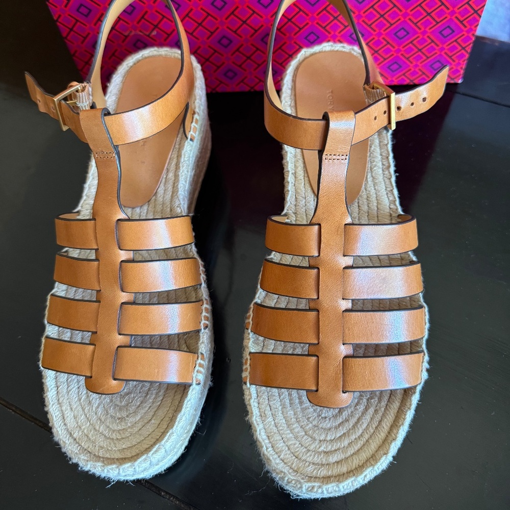 NIB Tory Burch Fisherman Espadrille Wedge Heel 75MM, Size 9.5  Toasted Soufflé